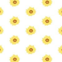 Hand drawn vector illustration of daisy flower with smiley face pattern in cartoon style. Pattern for textile, fabric, wrapping paper.