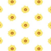 Hand drawn vector illustration of daisy flower with smiley face pattern in cartoon style. Pattern for textile, fabric, wrapping paper.