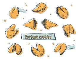 Chinese fortune cookies vector hand drawn set. Colorful food illustration. Crisp cookie with a blank piece of paper inside. For print, web, design, decor, logo.