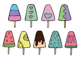 conjunto de vectores de ilustración de helado dibujado a mano. lindas imágenes prediseñadas de postre. para impresión, web, diseño, decoración, logotipo.