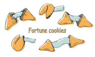 Chinese fortune cookies vector hand drawn set. Colorful food illustration. Crisp cookie with a blank piece of paper inside. For print, web, design, decor, logo.
