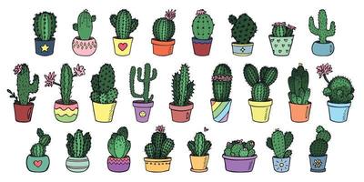 Set of cute hand drawn simple cactus. Houseplant in a pot clipart. Cacti illustration. Cozy home doodle. vector