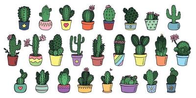 conjunto de lindos cactus simples dibujados a mano. planta de interior en una maceta clipart. ilustración de cactus garabato hogareño acogedor. vector