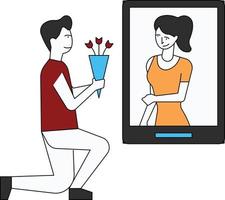 The boy confesses his love to the girl with an online bouquet. vector