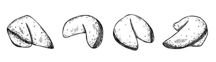 conjunto vectorial de galletas de la fortuna chinas dibujadas a mano. ilustración de comida galleta crujiente con un papel en blanco dentro. para impresión, web, diseño, decoración, logotipo.