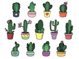 conjunto de lindos cactus simples dibujados a mano. planta de interior en una maceta clipart. ilustración de cactus garabato hogareño acogedor. vector