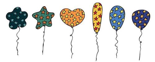 conjunto dibujado a mano de coloridas ilustraciones de globos voladores. garabato de globo de fiesta de cumpleaños. imágenes prediseñadas de vacaciones. vector