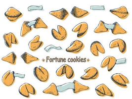 Chinese fortune cookies vector hand drawn set. Colorful food illustration. Crisp cookie with a blank piece of paper inside. For print, web, design, decor, logo.