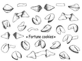 Juego de galletas de la fortuna china vector dibujado a mano. ilustración de comida galleta crujiente con un papel en blanco dentro. para impresión, web, diseño, decoración, logotipo.