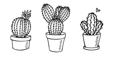 conjunto de lindos cactus simples dibujados a mano. planta de interior en una maceta clipart. ilustración de cactus garabato hogareño acogedor. vector