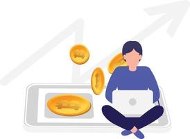 The boy is working on bitcoin in his laptop. vector