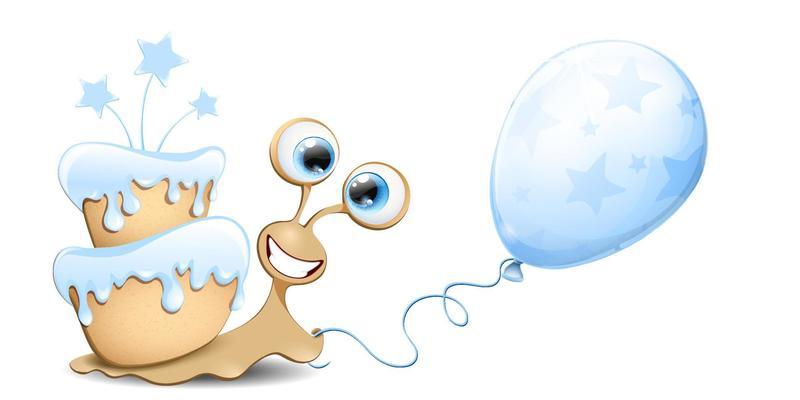 Snail with blue cake and balloon boy