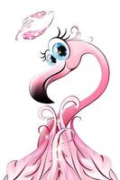 Cartoon pink flamingo angel character with nimbus pray vector