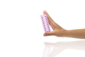 Asian young woman holding pack of contraceptive pills with one hand isolated on white background with copy space and clipping path. Choosing family planning with birth control pill concept. photo