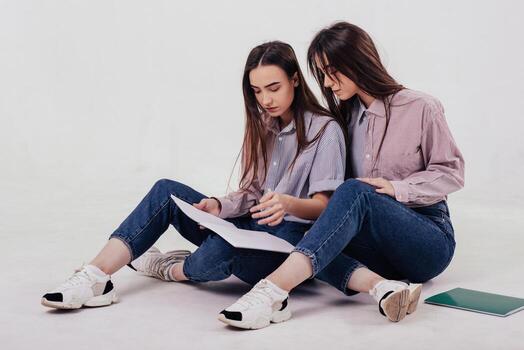 Sits on the floor and reading some information from the notepad. Two sisters twins sitting and posing in the studio with white background photo