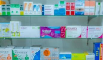 Blurred picture of medicine shelf in drug store. Pharmacy shop interiors. Pharmaceutical products in drugstore. Medical retail shop. Pharmacy in hospital. Healthcare business. Drug display shelf. photo