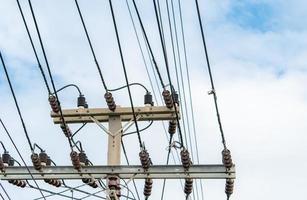 Three-phase electric power for transfer power by electrical grids. Electric power for support manufacturing industry. High voltage electric poles and wire lines against blue sky and white clouds. photo