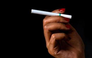 Cigarette in woman hand with red nail isolated on black background. Aging skin or skin damage from cigarette smoking photo