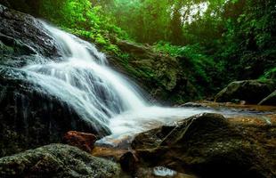 Beautiful waterfall in jungle. Waterfall in tropical forest with green tree and sunlight. Waterfall is flowing in jungle. Nature background. Rock or stone at waterfall. Long exposure photography.