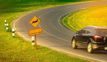 camión todoterreno negro del turista conduciendo con precaución durante el viaje en la carretera asfaltada curva cerca de la señal de tráfico amarilla con ciervos saltando dentro de la señal y tiene un mensaje de precaución cruzando la vida silvestre foto