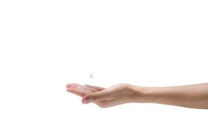 Hand with blue drop of alcohol gel isolated on white background. Hand sanitizer for cleaning and washing hand and for protects from germs, virus, and bacteria. Personal hygiene. Coronavirus protection photo