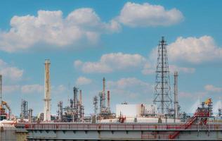 Oil refinery or petroleum refinery plant with blue sky background. Power and energy industry. Oil and gas production plant. Petrochemical industry. Natural gas storage tank. Petroleum business. photo