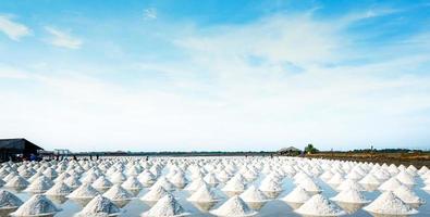 Sea salt farm and barn in Thailand. Raw material of salt industrial. Sodium Chloride. Solar evaporation system. Iodine source. Worker working in farm on sunny day with blue sky. Agriculture industry. photo
