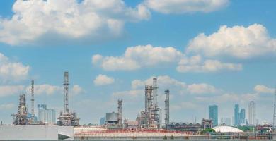 Oil refinery or petroleum refinery plant with blue sky background. Power and energy industry. Oil and gas production plant. Petrochemical industry. Natural gas storage tank. Petroleum business. photo