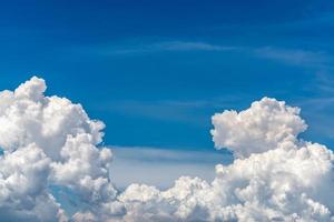 White fluffy clouds on blue sky. Soft touch feeling like cotton. White puffy clouds cape with space for text. Beauty in nature. Close-up white cumulus clouds texture background. Sky on sunny day. photo