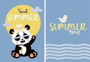 Cute panda in sunglasses with cocktail and seagull. Set of summer cards sweet summer and summer time. Vector illustration. Cute baby collection For design, print and decor, postcards