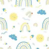 Seamless pattern with yellow and blue rainbow and hearts, cloud and sun on white background. Vector illustration. For design, decoration, packaging and decoration, wallpaper and printing