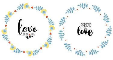 Two Round Floral Cards - Love is in the Air and Spread Love. Botanical Frame with Flowers and Branches Vector illustration for decor, design, print and napkins, sign and postcard