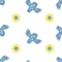 Decorative seamless pattern with beautiful blue bird and yellow flower on white background. Vector illustration for decor, design, wallpaper, decoration, packaging, textile and print