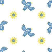 Decorative seamless pattern with beautiful blue bird and yellow flower on white background. Vector illustration for decor, design, wallpaper, decoration, packaging, textile and print