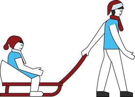 The boy is carrying the baby on the sledge. vector