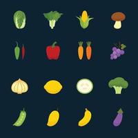 iconos de frutas y verduras con fondo negro vector