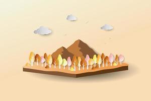 Nature scenery autumn forest on isometric landscape,colorful trees and leaves on paper cut and craft style vector