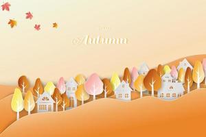 paisaje de la temporada de otoño con campo y hojas coloridas en corte de papel y estilo artesanal vector
