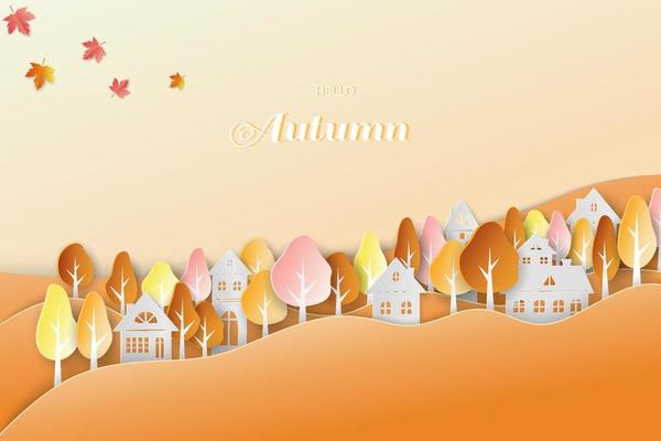 Landscape of Autumn season with countryside and colorful leaves on paper cut and craft style