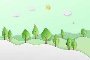 Spring forest landscape background on paper cut and craft style vector