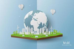 Eco friendly and save the environment conservation concept,paper art clean city on isometric background vector