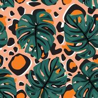 Seamless pattern with monstera leaves on cheetah background. Tropical leaves on orange leopard pattern background. For textile, wrapping paper, packaging, wallpaper. Vector pattern.