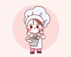 Cute chef girl in uniform character holding a pot food restaurant logo cartoon art illustration