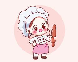 Cute chef girl in uniform character holding rolling pin food restaurant logo cartoon art illustration vector