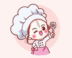Cute chef girl in uniform character holding a turner food restaurant logo cartoon art illustration vector