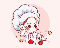 Cute chef girl in uniform character smiling and cooking food restaurant logo cartoon art illustration vector
