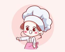 linda chica chef con carácter uniforme bienvenida a la ilustración de arte de dibujos animados del logotipo del restaurante de comida vector
