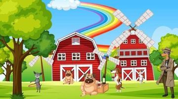 Outdoor farm scene with cartoon dogs vector