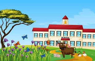 Buffalo and friends standing in front of school vector