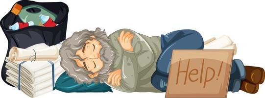 Homeless old man sleeping with help sign vector